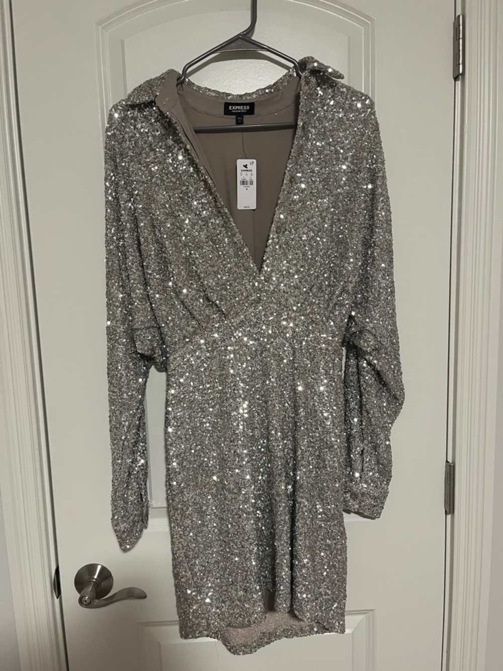 ✨ NWT ✨ Express Silver Sequin Wrap-Style Portofino Mini Dress